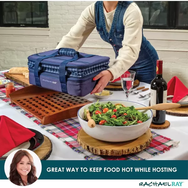 imageRachael Ray Expandable Insulated Casserole Carrier for Hot or Cold Food Thermal Lasagna Lugger Tote for Potluck Parties Picnic and Cookouts Fits 9quot x 13quot Baking DishNavy Gingham print