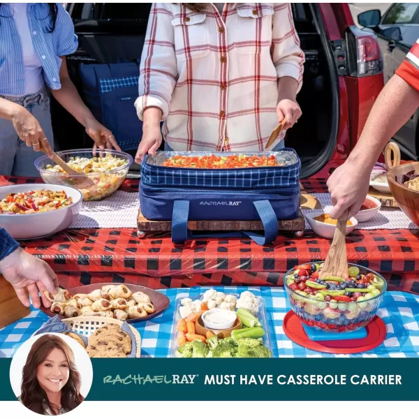 imageRachael Ray Expandable Insulated Casserole Carrier for Hot or Cold Food Thermal Lasagna Lugger Tote for Potluck Parties Picnic and Cookouts Fits 9quot x 13quot Baking DishNavy Gingham print