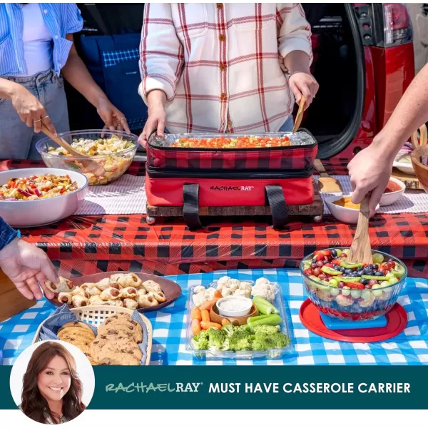 imageRachael Ray Expandable Insulated Casserole Carrier for Hot or Cold Food Thermal Lasagna Lugger Tote for Potluck Parties Picnic and Cookouts Fits 9quot x 13quot Baking DishRed Buffalo Print