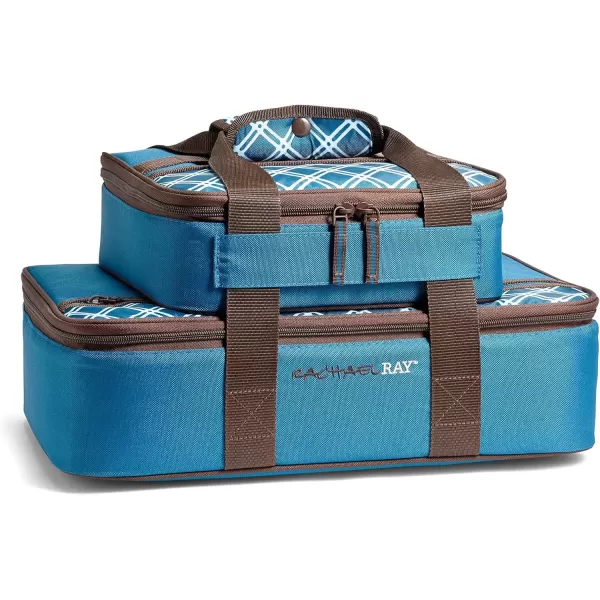 imageRachael Ray Lugger Duo Insulated Casserole Carrier for Hot or Cold Food Thermal Lasanga Lugger Tote for Pockluck Parties Picnic and Cookouts Fits 9quot x 13quot Baking Dish Blue PlaidBlue Plaid