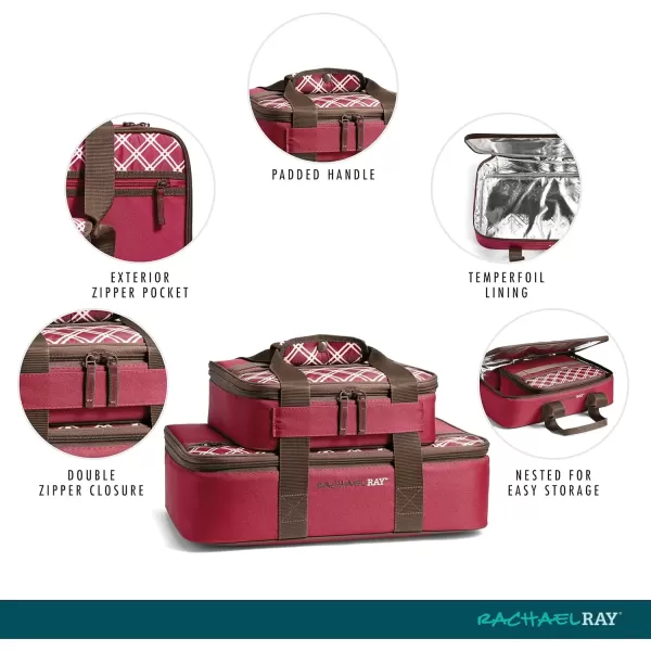 imageRachael Ray Lugger Duo Insulated Casserole Carrier for Hot or Cold Food Thermal Lasanga Lugger Tote for Pockluck Parties Picnic and Cookouts Fits 9quot x 13quot Baking Dish Blue PlaidBurgandy