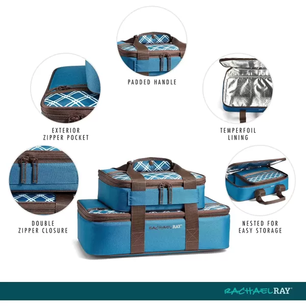 imageRachael Ray Lugger Duo Insulated Casserole Carrier for Hot or Cold Food Thermal Lasanga Lugger Tote for Pockluck Parties Picnic and Cookouts Fits 9quot x 13quot Baking Dish Blue PlaidBlue Plaid