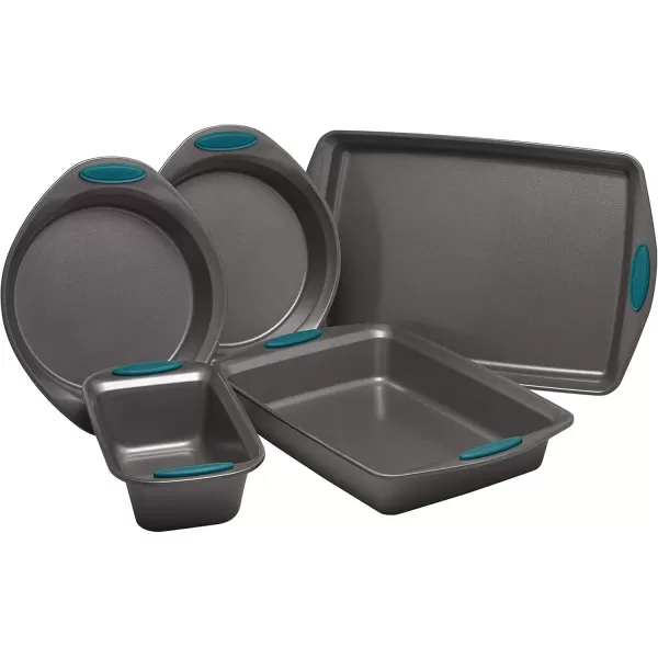 imageRachael Ray Nonstick Bakeware Set with Grips includes Nonstick Baking Pans Baking Sheet and Nonstick Bread Pan  5 Piece Gray with Marine Blue Handles