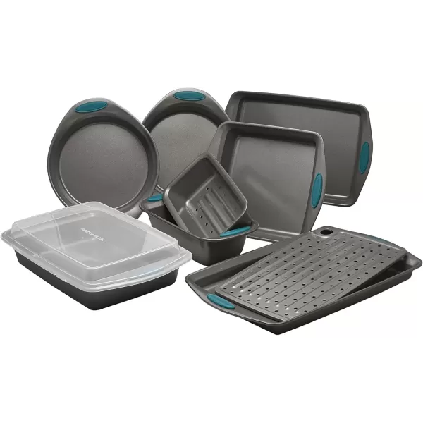 imageRachael Ray Nonstick Bakeware Set with Grips includes Nonstick Bread  Baking Pans Cookie  Baking Sheet and Cake Pans  10 Piece Gray with marine blue grips