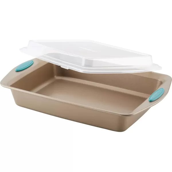imageRachael Ray Yum o Nonstick Bakeware Baking Pan With Grips  Nonstick Cake Pan With Grips Rectangle  9 Inch x 13 Inch GrayLatte Brown with Agave Blue Grips