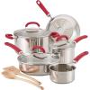 imageRachael Ray Create Delicious Stainless Steel Cookware Set 10Piece Pots and Pans Set Stainless Steel with Red HandlesRed Handles