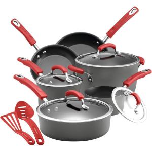 imageRachael Ray  87661 Rachael Ray Brights Hard Anodized Nonstick Cookware Pots and Pans Set 12 Piece Gray with Red HandlesGray with Red Handles