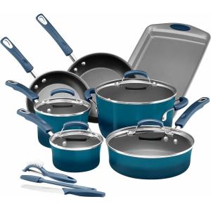 imageRachael Ray Brights Nonstick Cookware Pots and Pans Set 14 Piece Sea Salt GrayMarine Blue