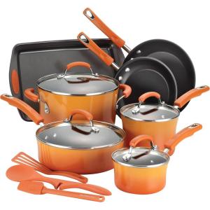 imageRachael Ray Brights Nonstick Cookware Pots and Pans Set 14 Piece Sea Salt GrayOrange Gradient
