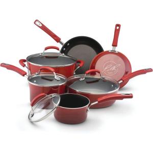 imageRachael Ray Brights Nonstick Cookware Pots and Pans Set 14 Piece Sea Salt GrayRed Gradient