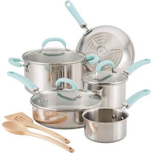 imageRachael Ray Create Delicious Stainless Steel Cookware Set 10Piece Pots and Pans Set Stainless Steel with Red HandlesLight Blue Handles