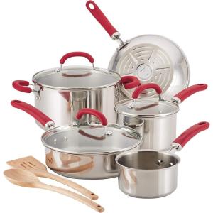 imageRachael Ray Create Delicious Stainless Steel Cookware Set 10Piece Pots and Pans Set Stainless Steel with Red HandlesRed Handles
