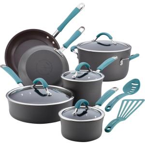 imageRachael Ray Cucina Hard Anodized Nonstick Cookware Pots and Pans Set 12 Piece Gray with Blue HandlesGray with Blue Handles
