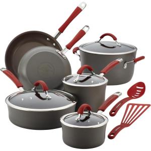 imageRachael Ray Cucina Hard Anodized Nonstick Cookware Pots and Pans Set 12 Piece Gray with Blue HandlesGray with Red Handles