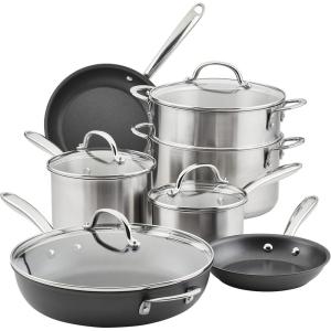 imageRachael Ray Professional Stainless SteelHard Anodized Nonstick Cookware Pots and Pans Set 11 Piece Gray and Silver