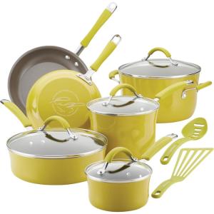 imageRachael Ray Cucina Ceramic Nonstick Pots and Pans Set with Saucepans Saute Frying Pans Stockpot Lids Pan Protectors and Cooking Utensils 13 Piece Non Stick Cookware Set  PeppercornLemon Grass Green