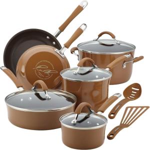 imageRachael Ray Cucina Ceramic Nonstick Pots and Pans Set with Saucepans Saute Frying Pans Stockpot Lids Pan Protectors and Cooking Utensils 13 Piece Non Stick Cookware Set  PeppercornMushroom Brown