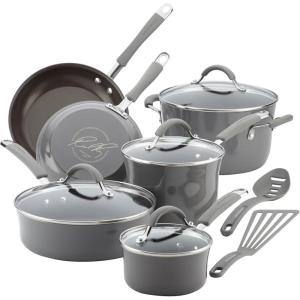 imageRachael Ray Cucina Ceramic Nonstick Pots and Pans Set with Saucepans Saute Frying Pans Stockpot Lids Pan Protectors and Cooking Utensils 13 Piece Non Stick Cookware Set  PeppercornSea Salt Gray