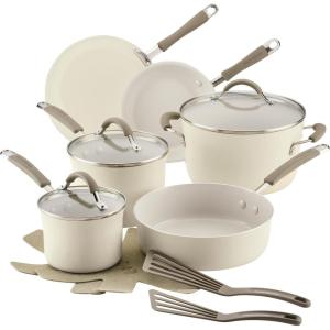 imageRachael Ray Cucina Ceramic Nonstick Pots and Pans Set with Saucepans Saute Frying Pans Stockpot Lids Pan Protectors and Cooking Utensils 13 Piece Non Stick Cookware Set  Marine BlueAlmond