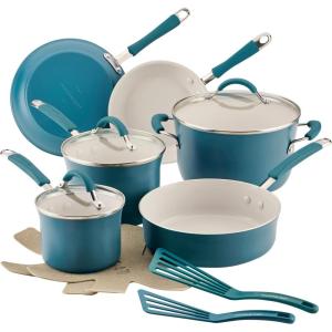 imageRachael Ray Cucina Ceramic Nonstick Pots and Pans Set with Saucepans Saute Frying Pans Stockpot Lids Pan Protectors and Cooking Utensils 13 Piece Non Stick Cookware Set  Marine BlueMarine Blue