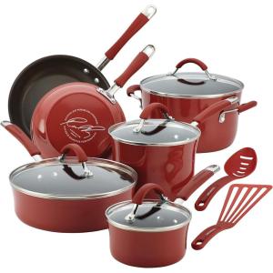 imageRachael Ray Cucina Ceramic Nonstick Pots and Pans Set with Saucepans Saute Frying Pans Stockpot Lids Pan Protectors and Cooking Utensils 13 Piece Non Stick Cookware Set  Marine BlueCranberry Red