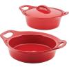 imageRachael Ray Solid Glaze Ceramics Casserole BakersBaking Dish with Shared Lid Set 3 Piece RedRed