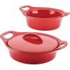 imageRachael Ray Solid Glaze Ceramics Casserole BakersBaking Dish with Shared Lid Set 3 Piece RedRed
