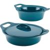 imageRachael Ray Solid Glaze Ceramics Casserole BakersBaking Dish with Shared Lid Set 3 Piece RedTeal