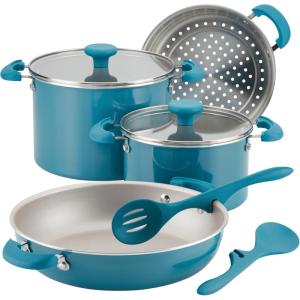 imageRachael Ray Get Cooking Stackable Nonstick Pots and Pans Cookware Set 8 Piece RedTurquoise