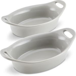 imageRachael Ray Solid Glaze Ceramics Au Gratin Bakeware  Baker Set Oval  2 Piece Light BlueSea Salt Gray