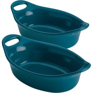 imageRachael Ray Solid Glaze Ceramics Au Gratin Bakeware  Baker Set Oval  2 Piece Light BlueTeal