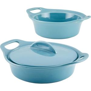 imageRachael Ray Solid Glaze Ceramics Casserole BakersBaking Dish with Shared Lid Set 3 Piece RedAgave Blue