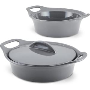 imageRachael Ray Solid Glaze Ceramics Casserole BakersBaking Dish with Shared Lid Set 3 Piece RedGray