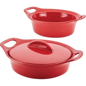 imageRachael Ray Solid Glaze Ceramics Casserole BakersBaking Dish with Shared Lid Set 3 Piece RedRed