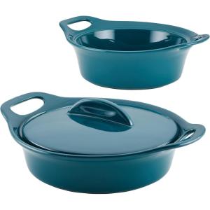 imageRachael Ray Solid Glaze Ceramics Casserole BakersBaking Dish with Shared Lid Set 3 Piece RedTeal