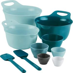 imageRachael Ray Tools and Gadgets Nesting  Stackable Mixing Bowl Set with Pour Spouts and Handle  2 and 3 Quarts Red and GrayLight Blue and Teal