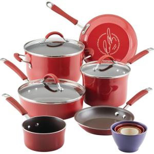 imageRachael Ray Cucina Nonstick Cookware Pots and Pans with Glass Lids and Nesting Measuring Cups 14 Piece  Cranberry Red