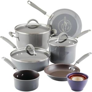 imageRachael Ray Cucina Nonstick Cookware Pots and Pans with Glass Lids and Nesting Measuring Cups 14 Piece  Sea Salt Gray