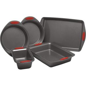 imageRachael Ray Nonstick Bakeware with Grips includes Nonstick Bread Pan Baking Pan Cake Pans and Cookie Sheet  Baking Sheet  5 Piece Gray with Red Grips