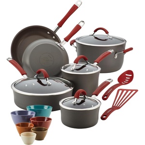 image:image18Piece HardAnodized Nonstick Cookware and Prep Bowl Set Red Handles