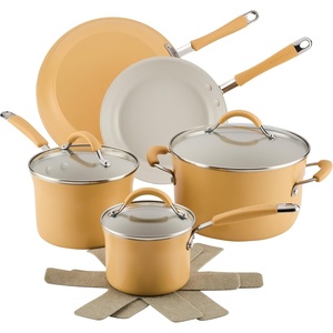 image:imageRachael Ray Cucina Ceramic Nonstick Pots and Pans Set with Saucepans Frying Pans Stockpot Lids and Pan Protectors 10 Piece Non Stick Cookware Set Dishwasher Safe  Turmeric YellowTurmeric Yellow