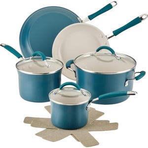 image:imageRachael Ray Cucina Ceramic Nonstick Pots and Pans Set with Saucepans Frying Pans Stockpot Lids and Pan Protectors 10 Piece Non Stick Cookware Set Dishwasher Safe  Turmeric YellowMarine Blue