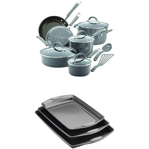 image:imageRachael Ray Cucina Hard Porcelain Enamel Nonstick Cookware Set 12Piece Sea Salt Gray with Rachael Ray Nonstick Bakeware Cookie Pan Set 3Piece Gray with Sea Salt Gray Silicone Grips