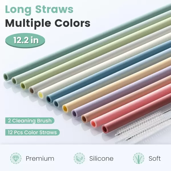 image12 Pack Extra Long 145 inch Reusable Silicone Straws for Stanley 40 oz Tumbler 1 Gallon 128 75 64 OZ Tumbler Large Water Bottle Wine Bottle  Flexible Drinking Straws with 2 Cleaning BrushesLight colors
