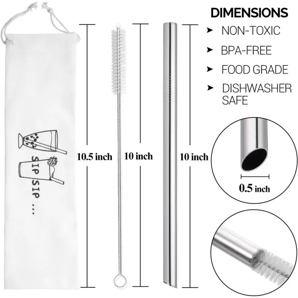 imageAngled Tips 2 Pcs Jumbo Reusable Bubble Tea Straws ampamp Smoothie Straws 05quot Wide Stainless Steel Straws Metal Straws for Bubble TeaTapioca Pearl MilkshakesSmoothies  1 Cleaning Brush ampamp 1 CaseSilver