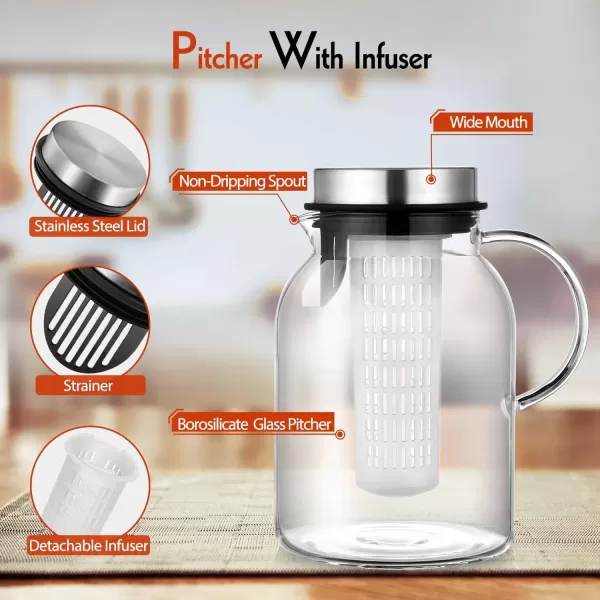imageGlass Fruit Infuser Water Pitcher with Removable Lid High Heat Resistance Infusion Pitcher for HotCold Water FlavorInfused Beverage ampamp Iced Tea  2 Qt