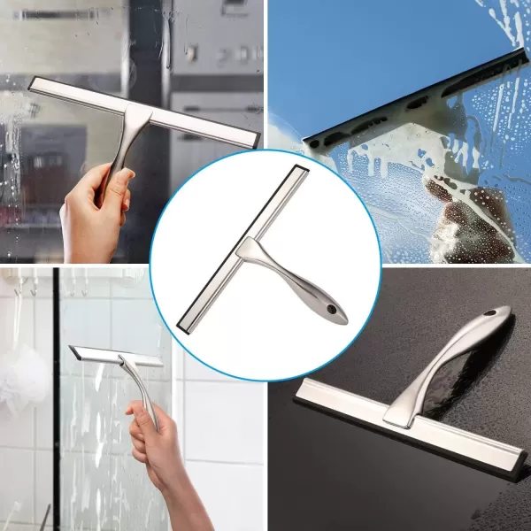 imageHIWARE AllPurpose Shower Squeegee for Shower Doors Bathroom Window and Car Glass  Stainless Steel 10 InchesSilver