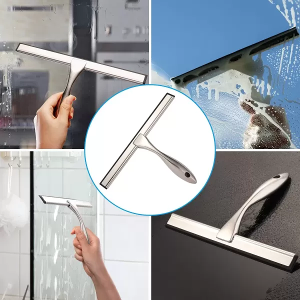 imageHIWARE AllPurpose Shower Squeegee for Shower Doors Bathroom Window and Car Glass  Stainless Steel 10 InchesSilver