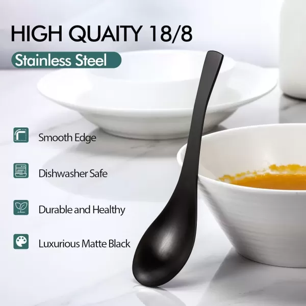 imageHIWARE Thick Heavyweight Soup Spoons High Grade Stainless Steel Soup Spoons Table Spoons Set of 6Black