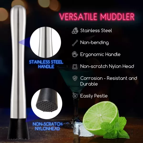 imageHiware 10 Inch Stainless Steel Cocktail Muddler and Mixing Spoon Home Bar Tool Set  Create Delicious Mojitos and Other Fruit Based Drinks